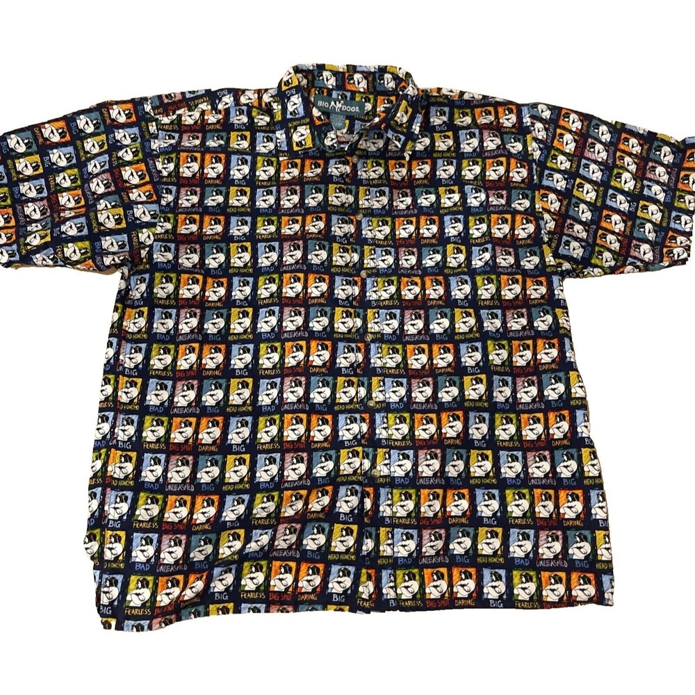 Big Dogs Hawaiian Dog Stamps Pattern Artistic Blue Multicolor Shirt Mens Sz XL
